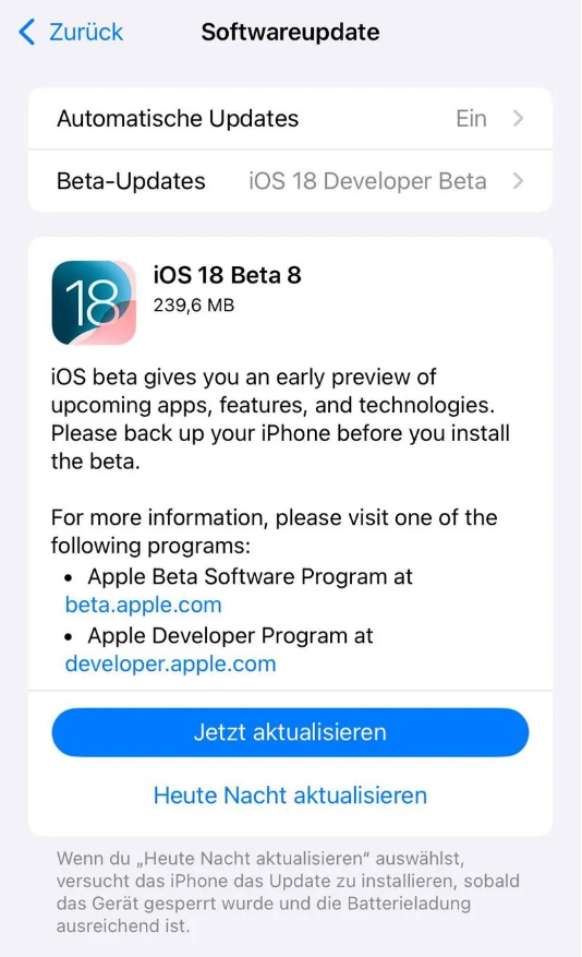 兰西苹果手机维修分享苹果 iOS / iPadOS 18 开发者预览版 Beta 8 发布 